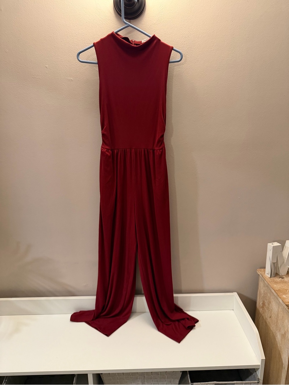 Ekouaer Womens Ribbed Mock Neck Sleeveless Wide Leg Jumpsuit Burgundy Red Small
